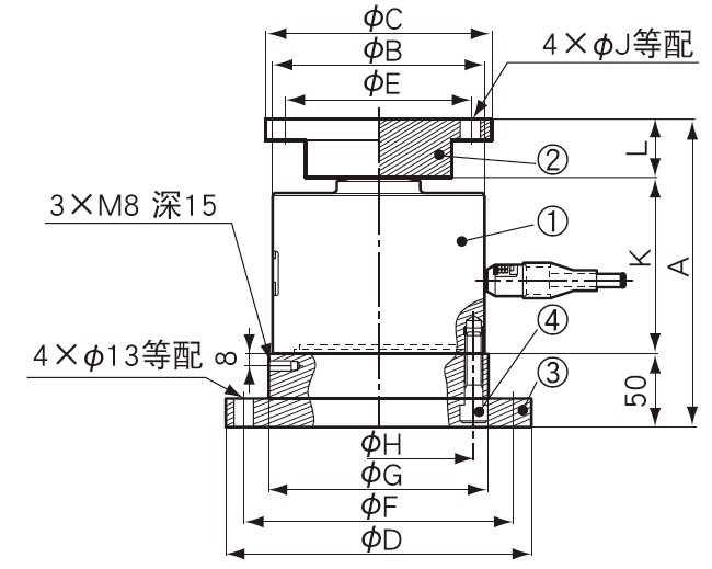 载荷底座（CA）与安装台座（CF）的组合组合尺寸图